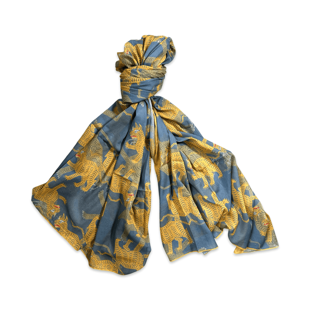 Baumwoll-Schal - Tibetischer Tiger, Blau · Studio Losel - Atelier Tibet