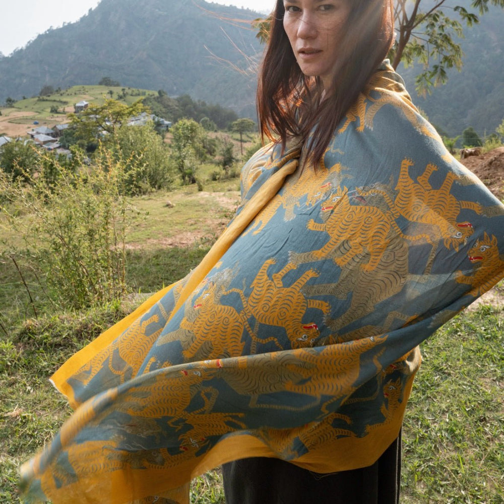 Baumwoll-Schal - Tibetischer Tiger, Blau · Studio Losel - Atelier Tibet