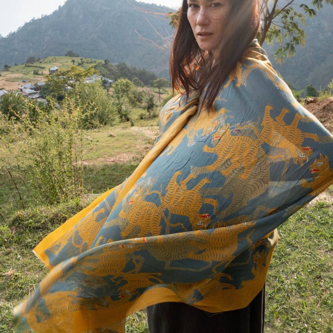 Baumwoll-Schal - Tibetischer Tiger, Blau · Studio Losel - Atelier Tibet