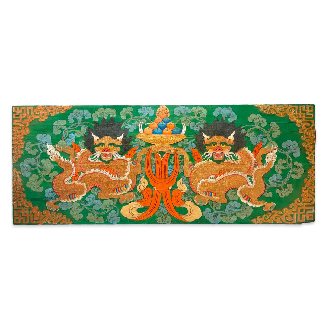 Bemalte Holztüre mit zwei Drachen und Juwelenschale - Jamyang Dhatsang - Atelier Tibet