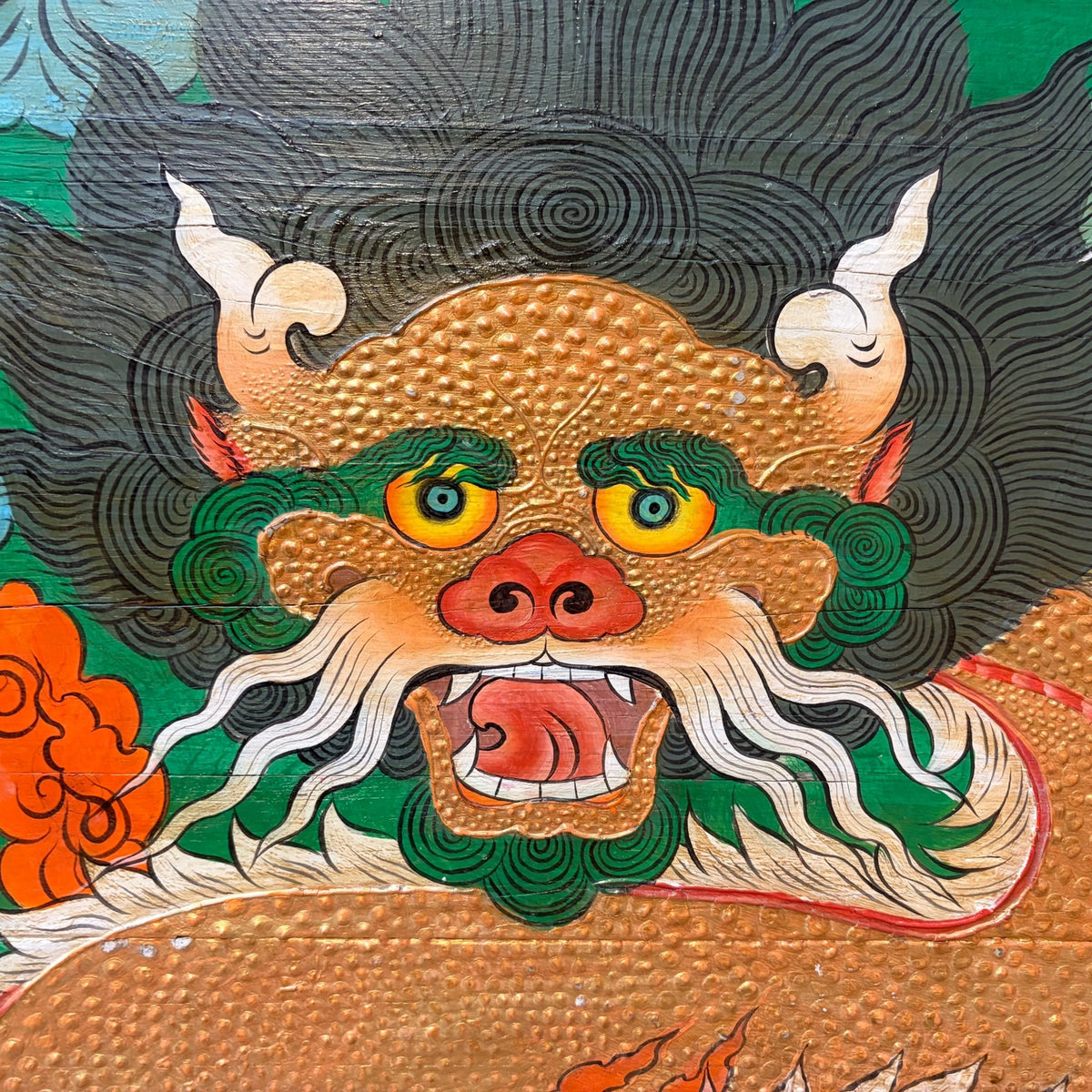Bemalte Holztüre mit zwei Drachen und Juwelenschale - Jamyang Dhatsang - Atelier Tibet