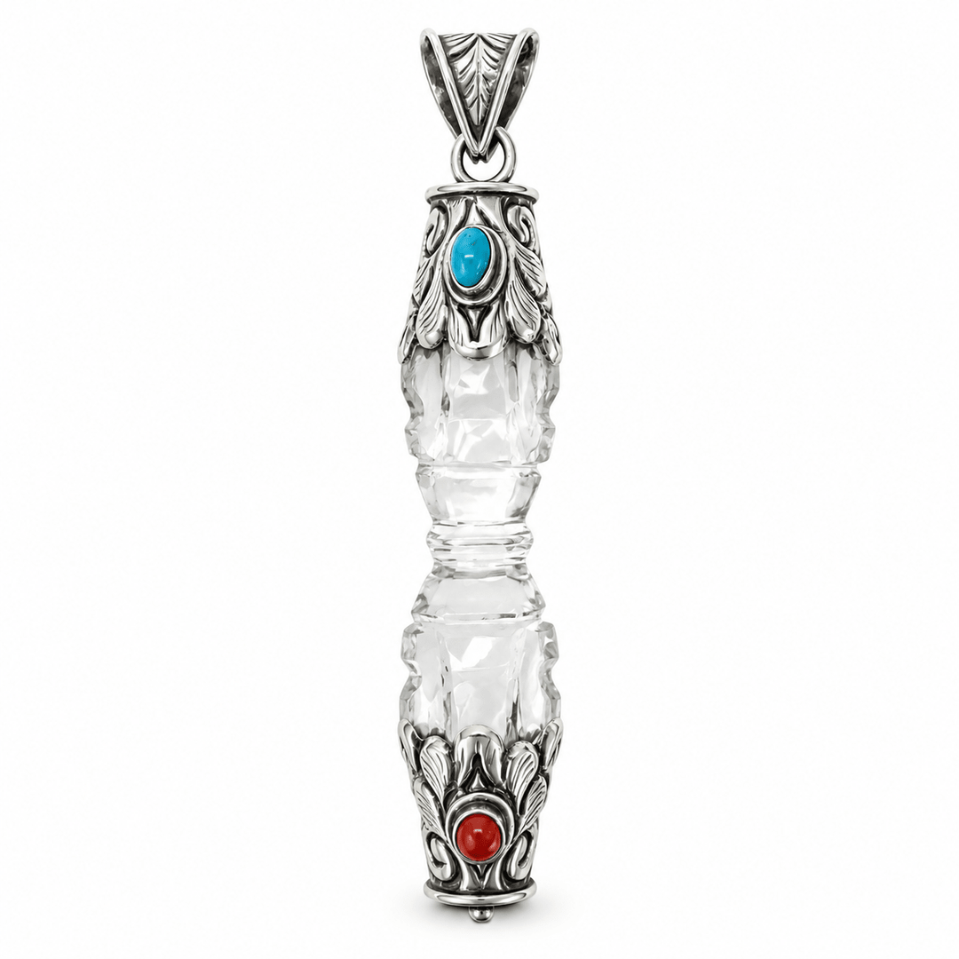 Bergkristall-Vajra-Anhänger mit Silber, Türkis und Koralle - Atelier Tibet