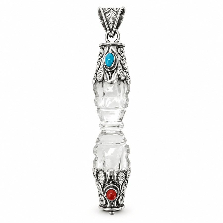 Bergkristall-Vajra-Anhänger mit Silber, Türkis und Koralle - Atelier Tibet