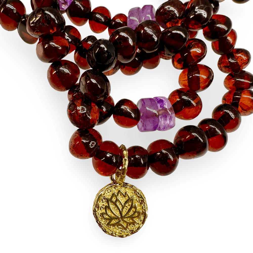 Bernstein - Kette mit Amethyst und Lotus - Anhänger - Atelier Tibet
