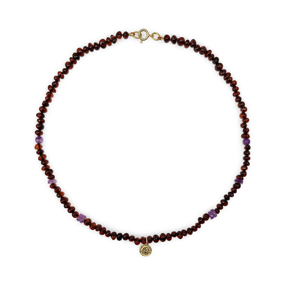 Bernstein - Kette mit Amethyst und Lotus - Anhänger - Atelier Tibet