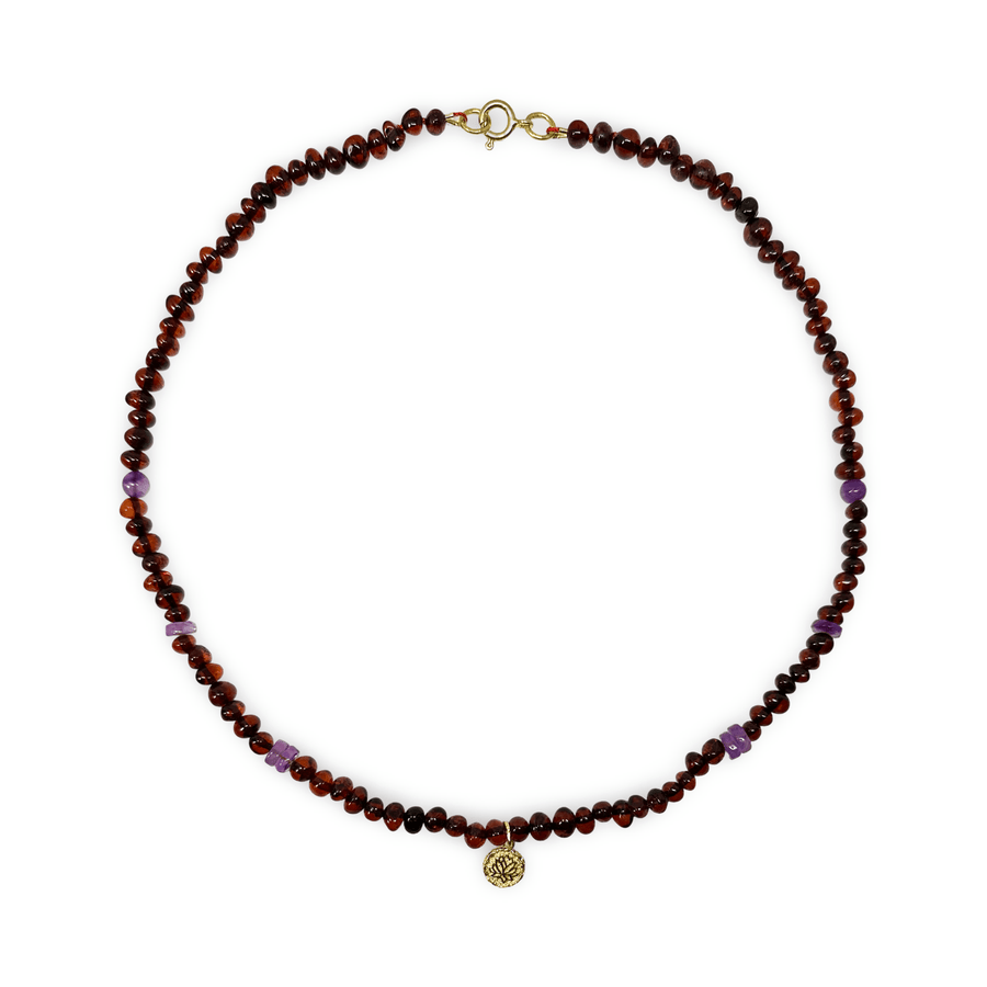 Bernstein - Kette mit Amethyst und Lotus - Anhänger - Atelier Tibet