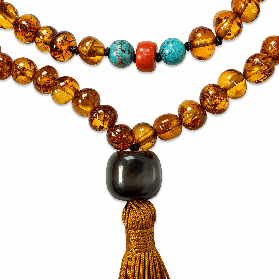 Bernstein-Kette mit Türkis, Koralle und Dzi-Perle - Atelier Tibet