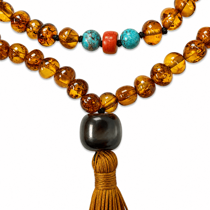 Bernstein-Kette mit Türkis, Koralle und Dzi-Perle - Atelier Tibet