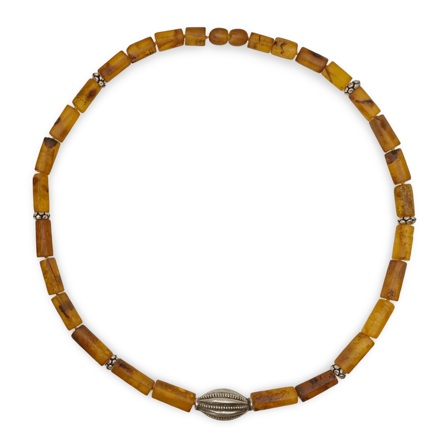 Bernsteinkette mit Silber - Perlen im Ethno - Stil - Atelier Tibet