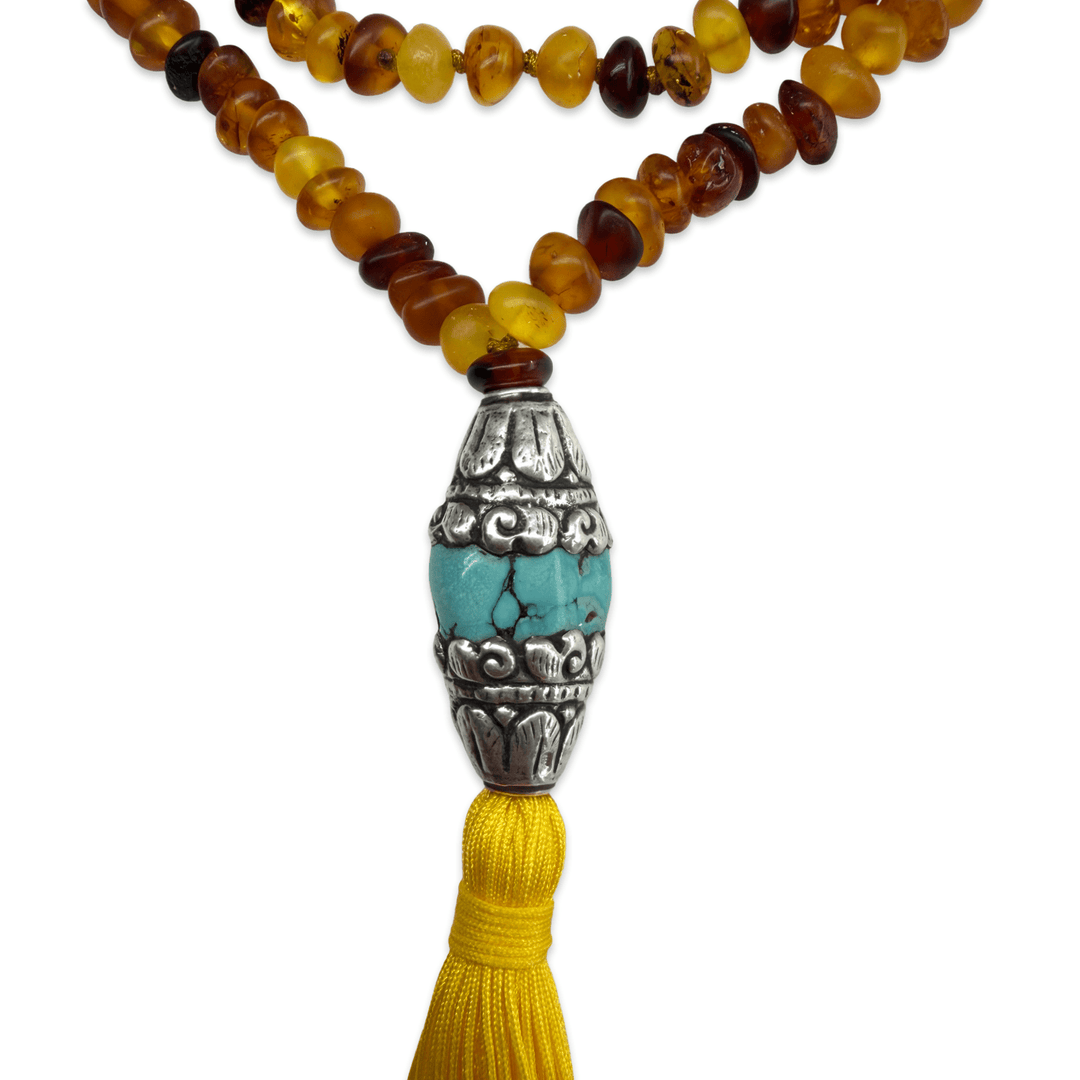Bernsteinkette mit tibetischem Türkis-Anhänger in Silber - Atelier Tibet