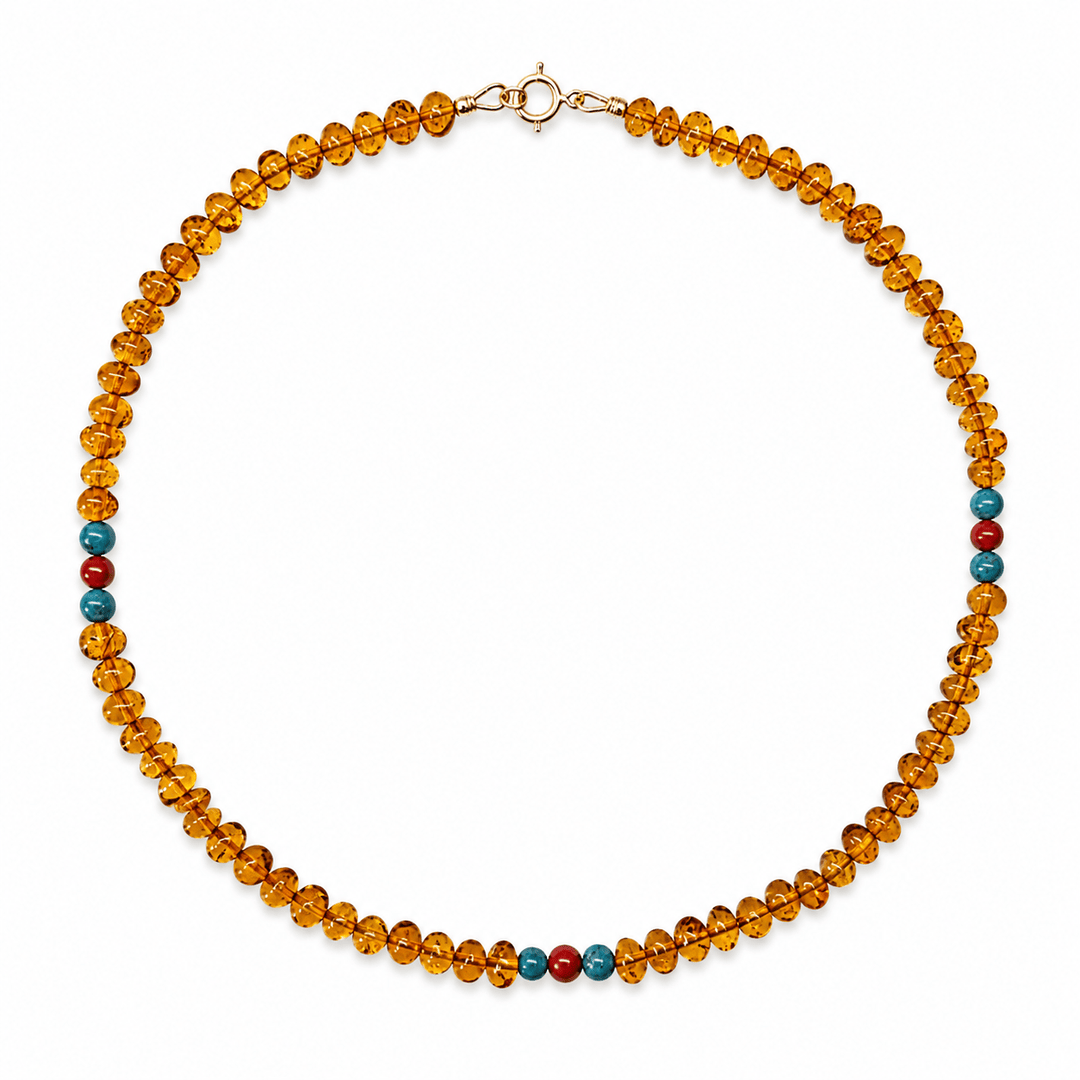 Bernsteinkette mit Türkis- und Korallen-Perlen - Atelier Tibet