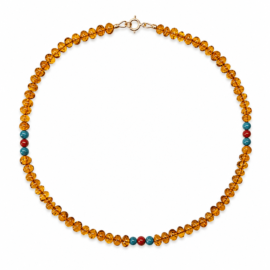 Bernsteinkette mit Türkis- und Korallen-Perlen - Atelier Tibet