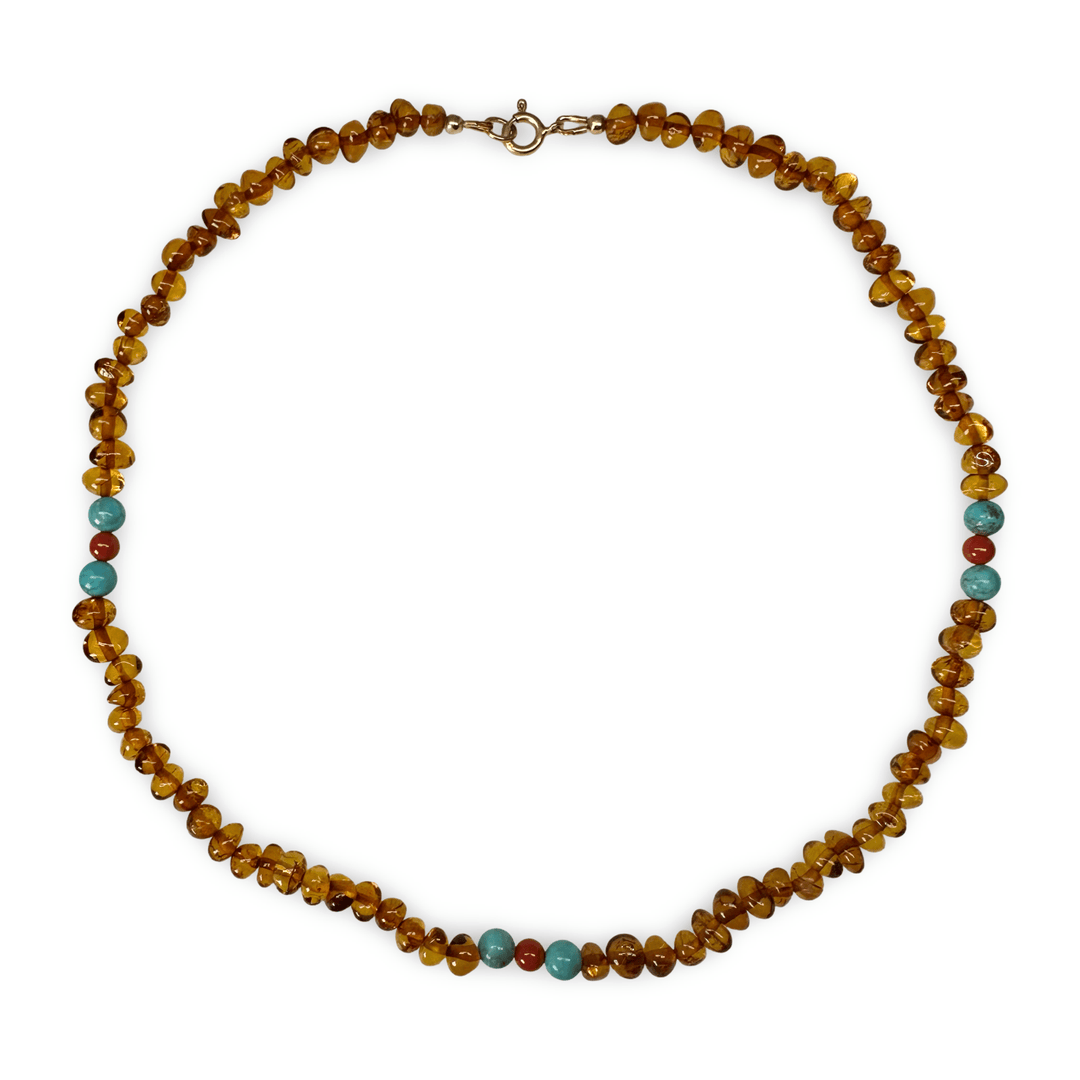 Bernsteinkette mit Türkis - und Korallen - Perlen - Atelier Tibet