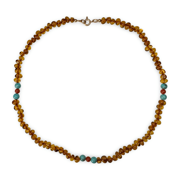 Bernsteinkette mit Türkis - und Korallen - Perlen - Atelier Tibet