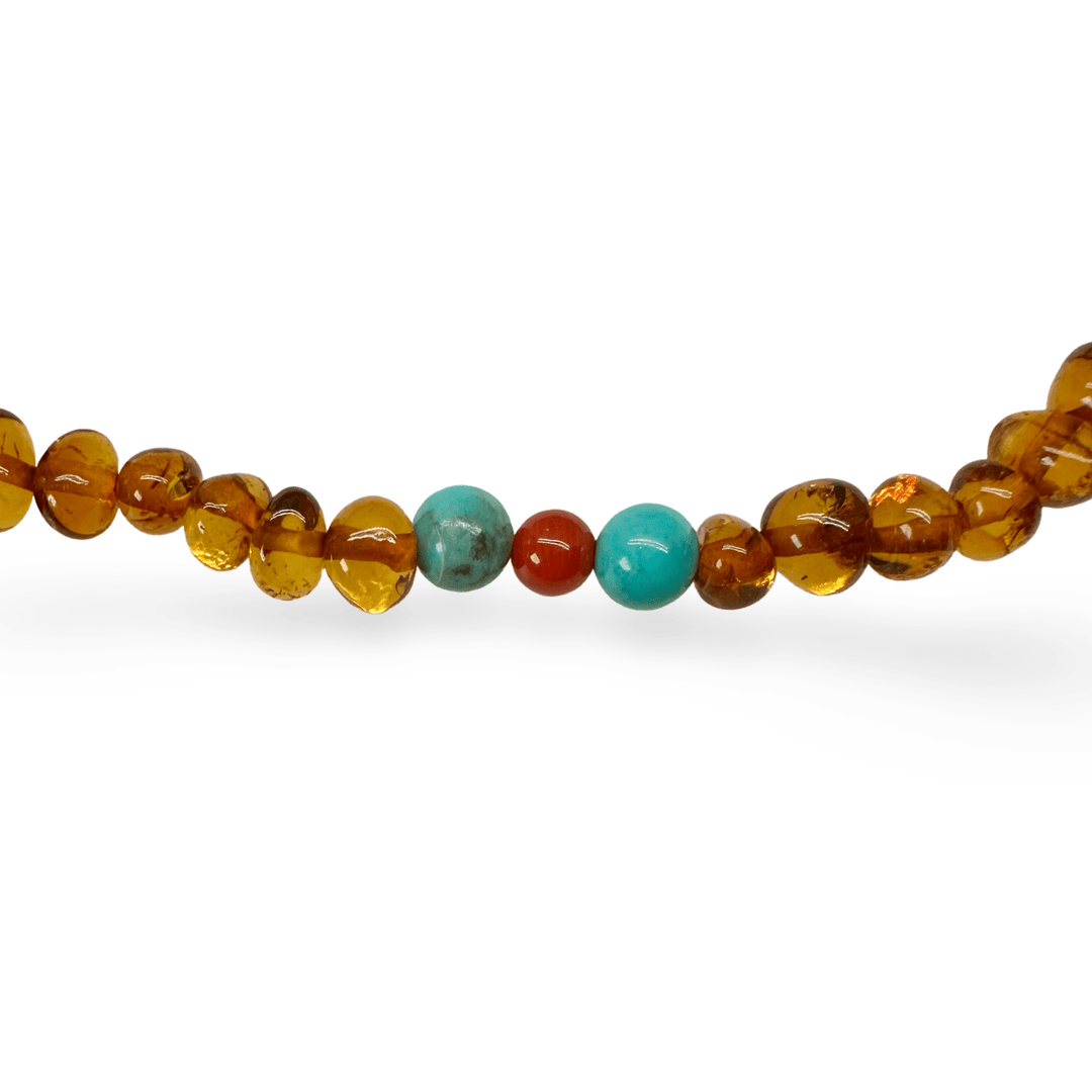 Bernsteinkette mit Türkis - und Korallen - Perlen - Atelier Tibet