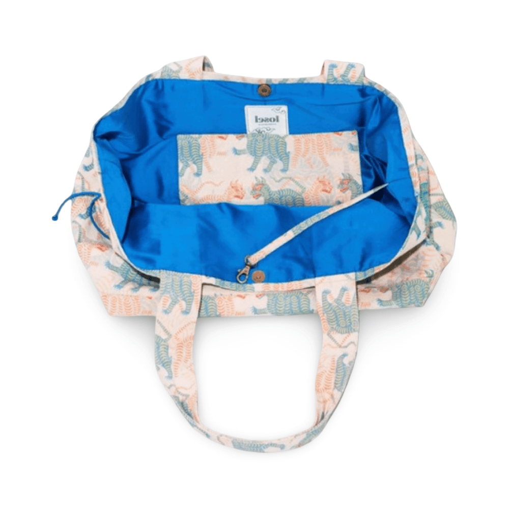 Big Tote – Tibetischer Tiger · beige türkis orange · Studio Losel - Atelier Tibet