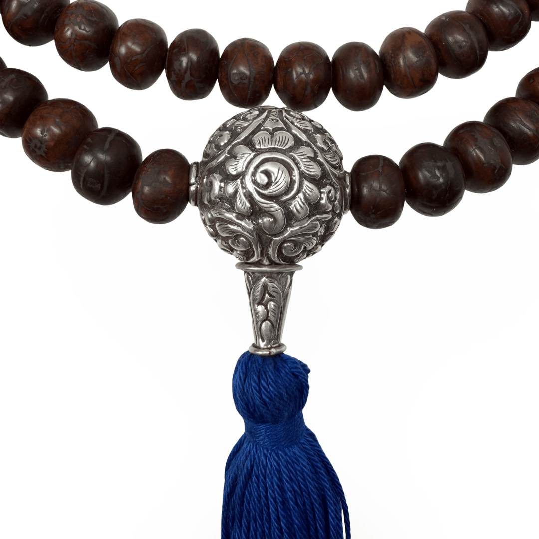 Bodhi Samen Mala mit grosser Silberperle und Quaste - Atelier Tibet