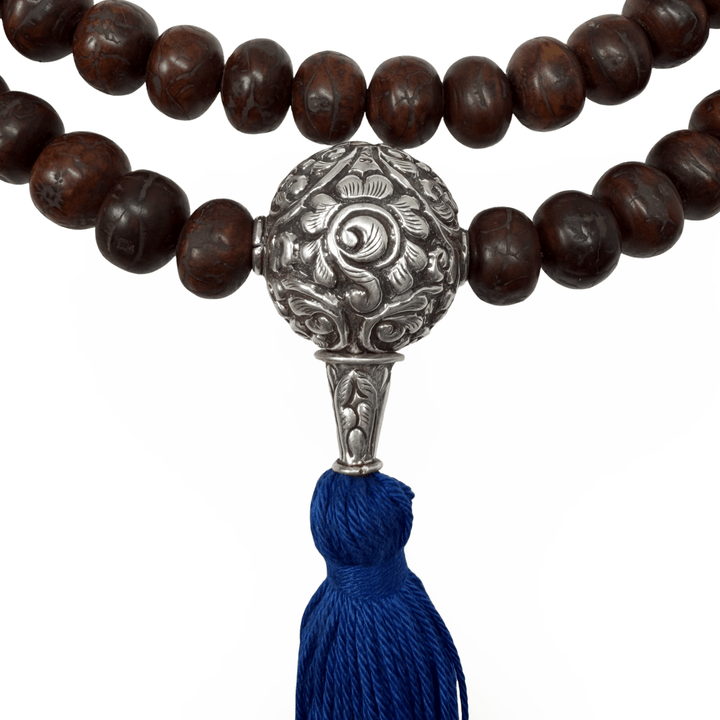 Bodhi Samen Mala mit grosser Silberperle und Quaste - Atelier Tibet