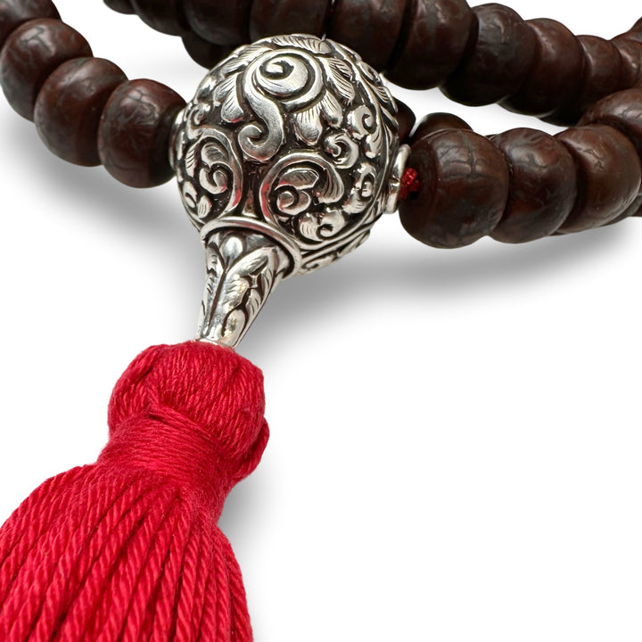 Bodhi Samen Mala mit grosser Silberperle und Quaste - Atelier Tibet