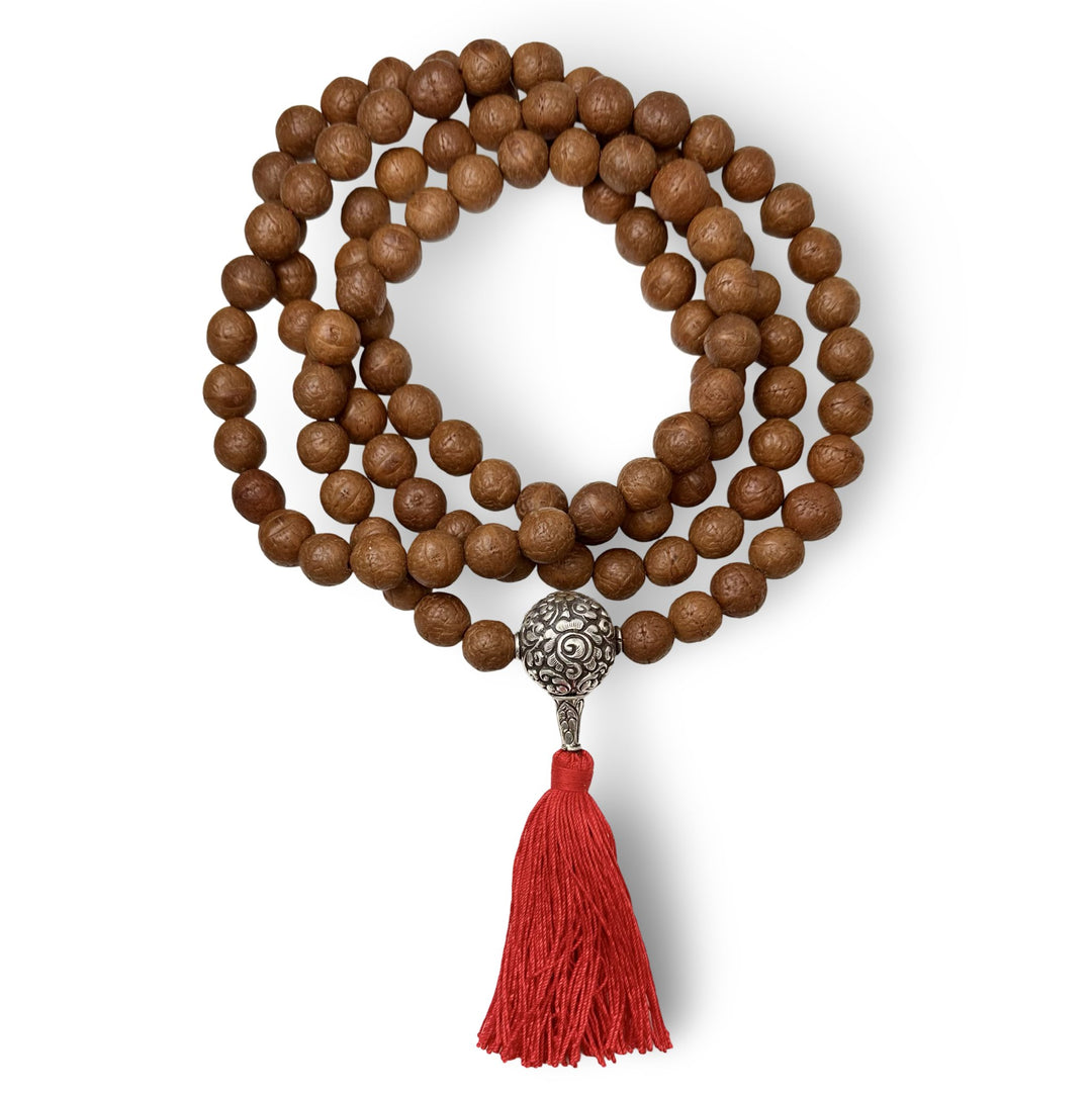 Bodhi Samen Mala mit Silberperle und Quaste - Atelier Tibet