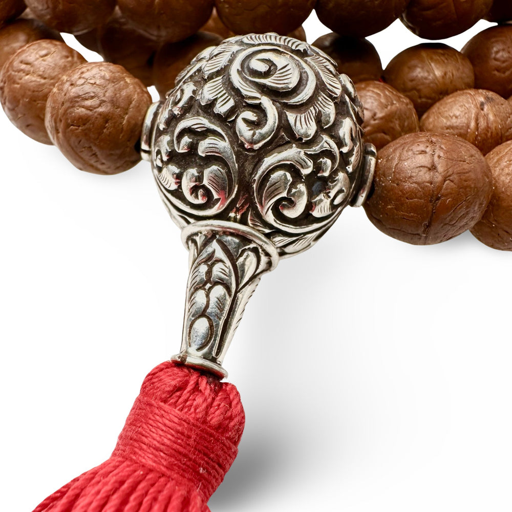 Bodhi Samen Mala mit Silberperle und Quaste - Atelier Tibet