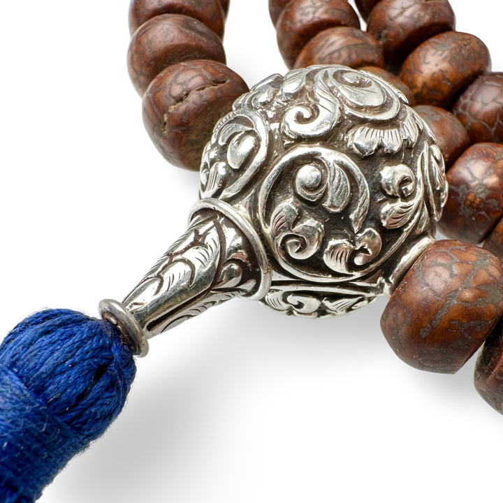 Bodhi Samen Mala mit Silberperlen und Quaste - Atelier Tibet