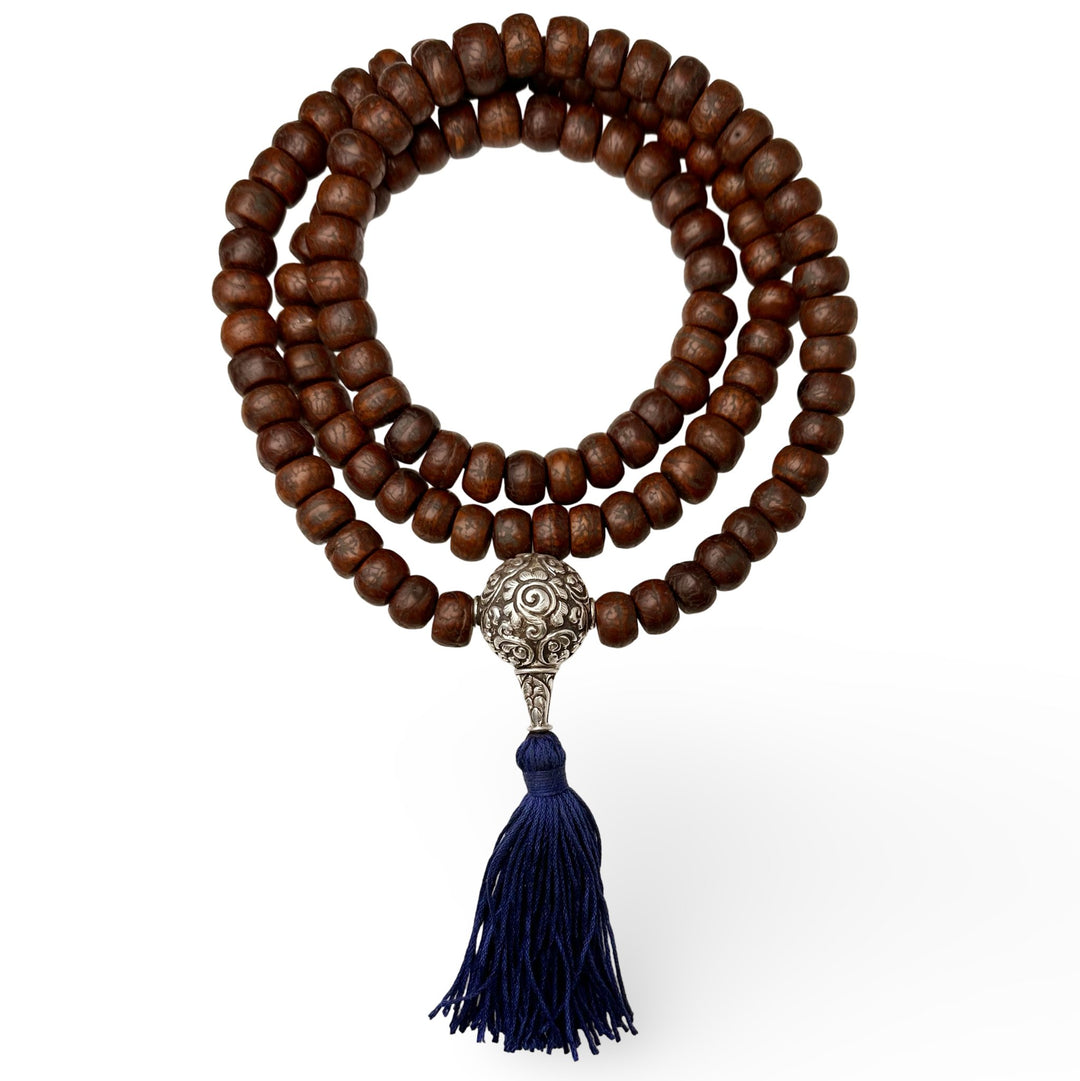 Bodhi Samen Mala mit Silberperlen und Quaste - Atelier Tibet