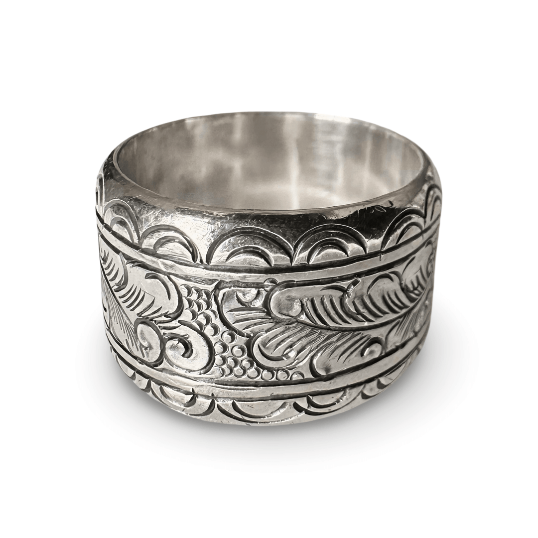 Breiter Silberring mit Tibetischem Blättermotiv - Atelier Tibet