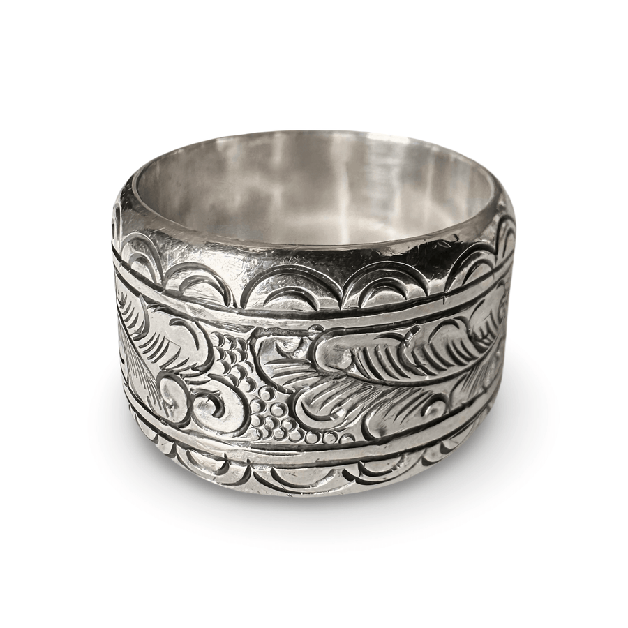 Breiter Silberring mit Tibetischem Blättermotiv - Atelier Tibet