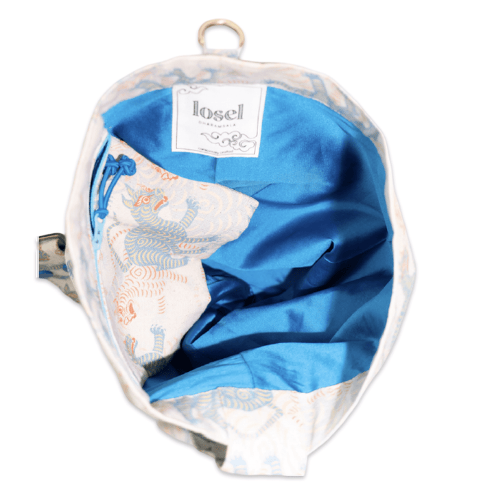 Bucket Bag - Tibetischer Tiger, crème-blau-orange · Studio Losel - Atelier Tibet
