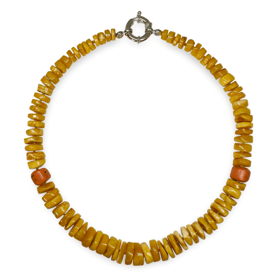 Butterscotch - Bernsteinkette mit alten Korallen - Perlen im Ethno - Stil - Atelier Tibet