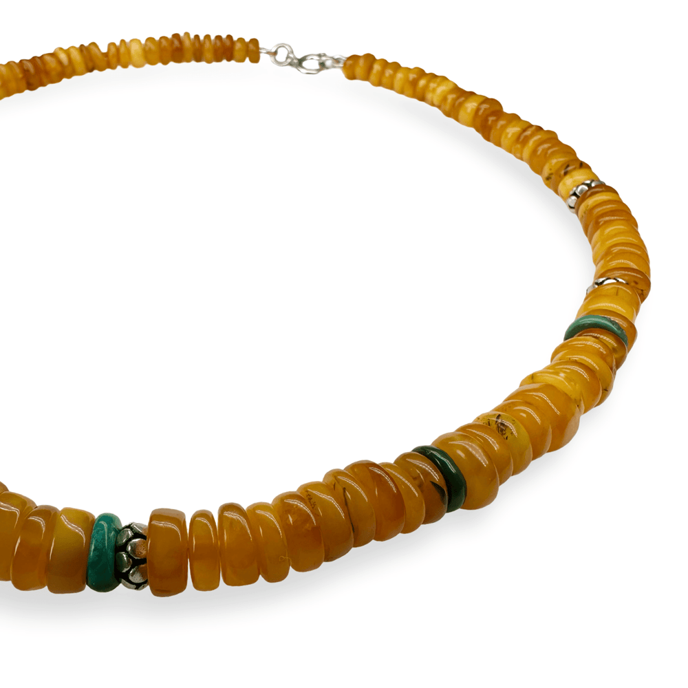 Butterscotch Bernsteinkette mit Silber und Türkis - alte Materialien neu gestaltet - Atelier Tibet