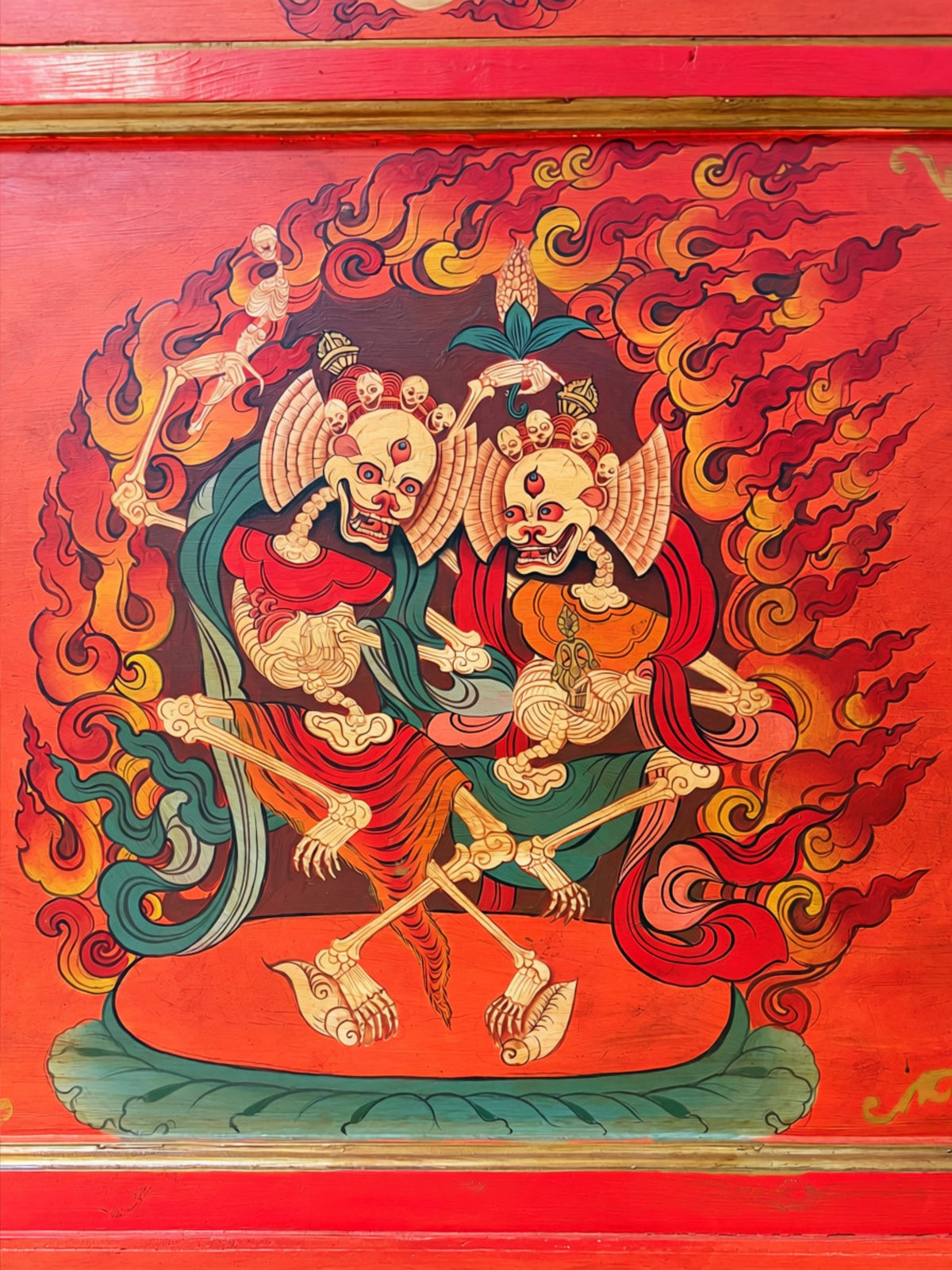 Citipati, die beiden tanzenden Skelette, Möbelmalerei von Jamyang