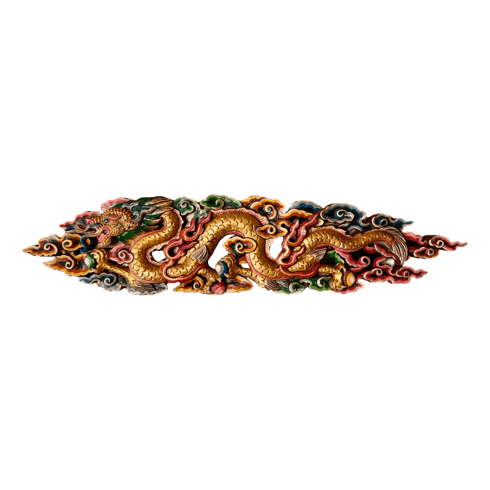 Drache Wandrelief aus geschnitztem und bemaltem Holz - Atelier Tibet