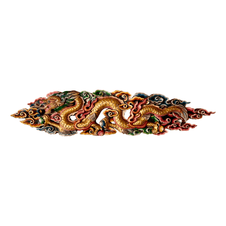 Drache Wandrelief aus geschnitztem und bemaltem Holz - Atelier Tibet
