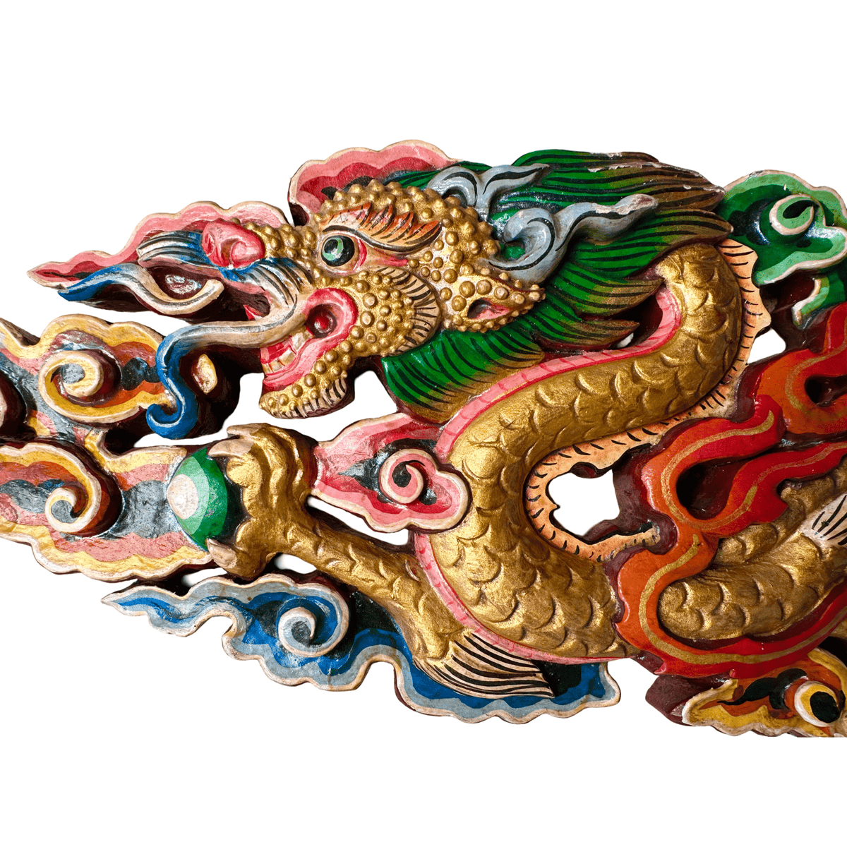 Drache Wandrelief aus geschnitztem und bemaltem Holz - Atelier Tibet