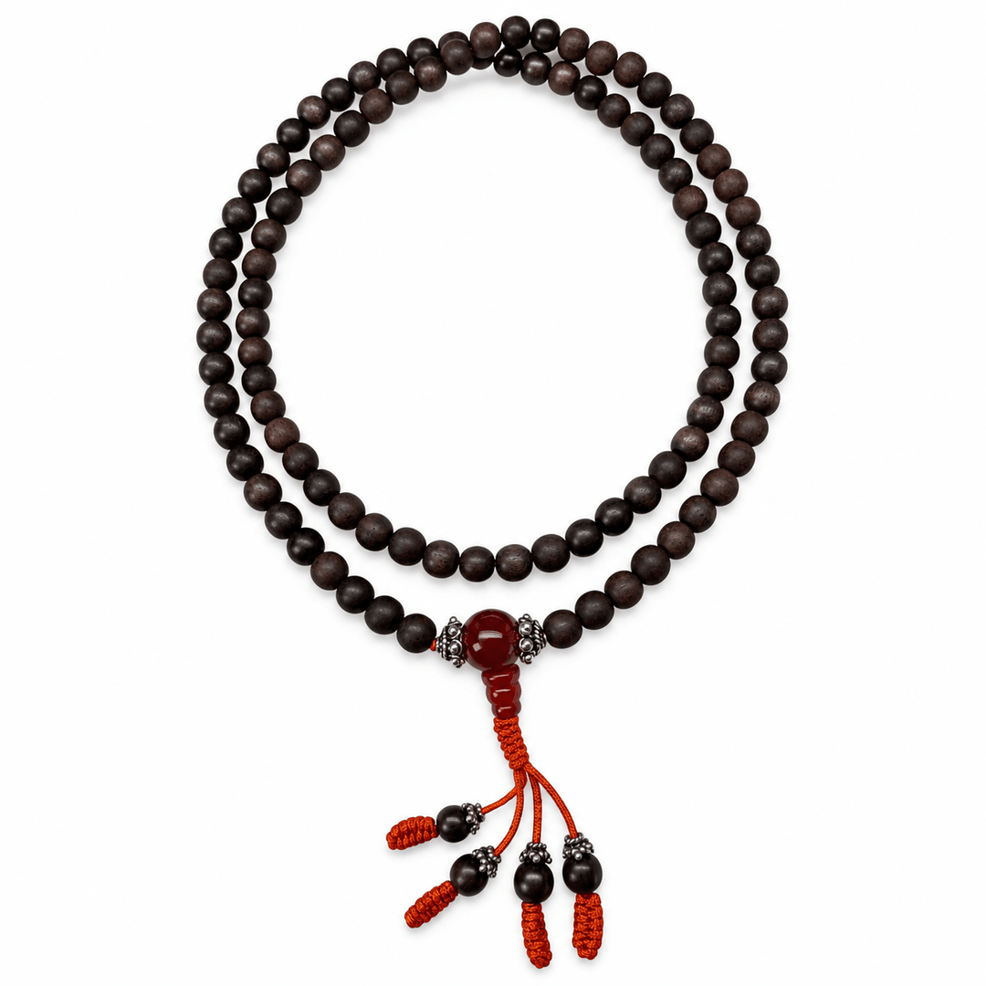 Ebenholz-Mala mit Silber und rotem Achat - Atelier Tibet