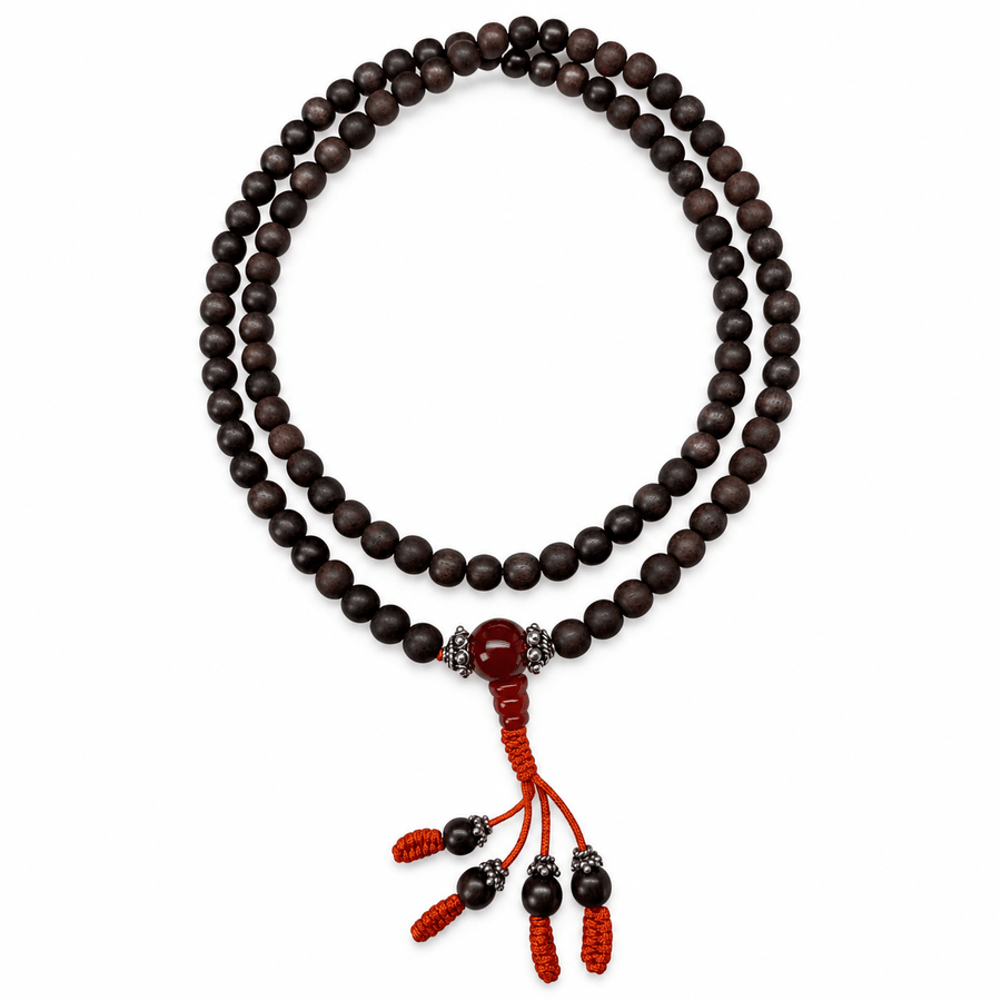 Ebenholz-Mala mit Silber und rotem Achat - Atelier Tibet