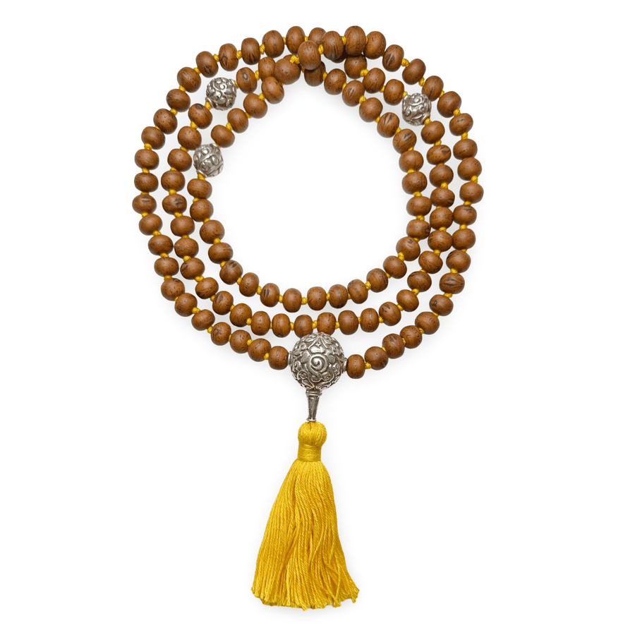 Exklusive Bodhi Samen Mala mit Silberperle und Quaste - Atelier Tibet