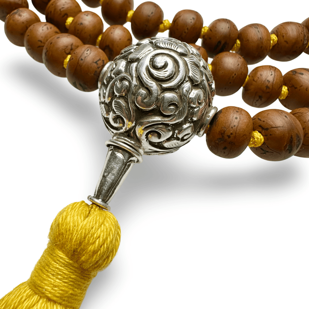 Exklusive Bodhi Samen Mala mit Silberperle und Quaste - Atelier Tibet