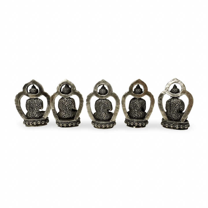 Fünfteiliges Set kleiner Buddha - Statuen aus versilberter Bronze (4.5 cm) - Atelier Tibet