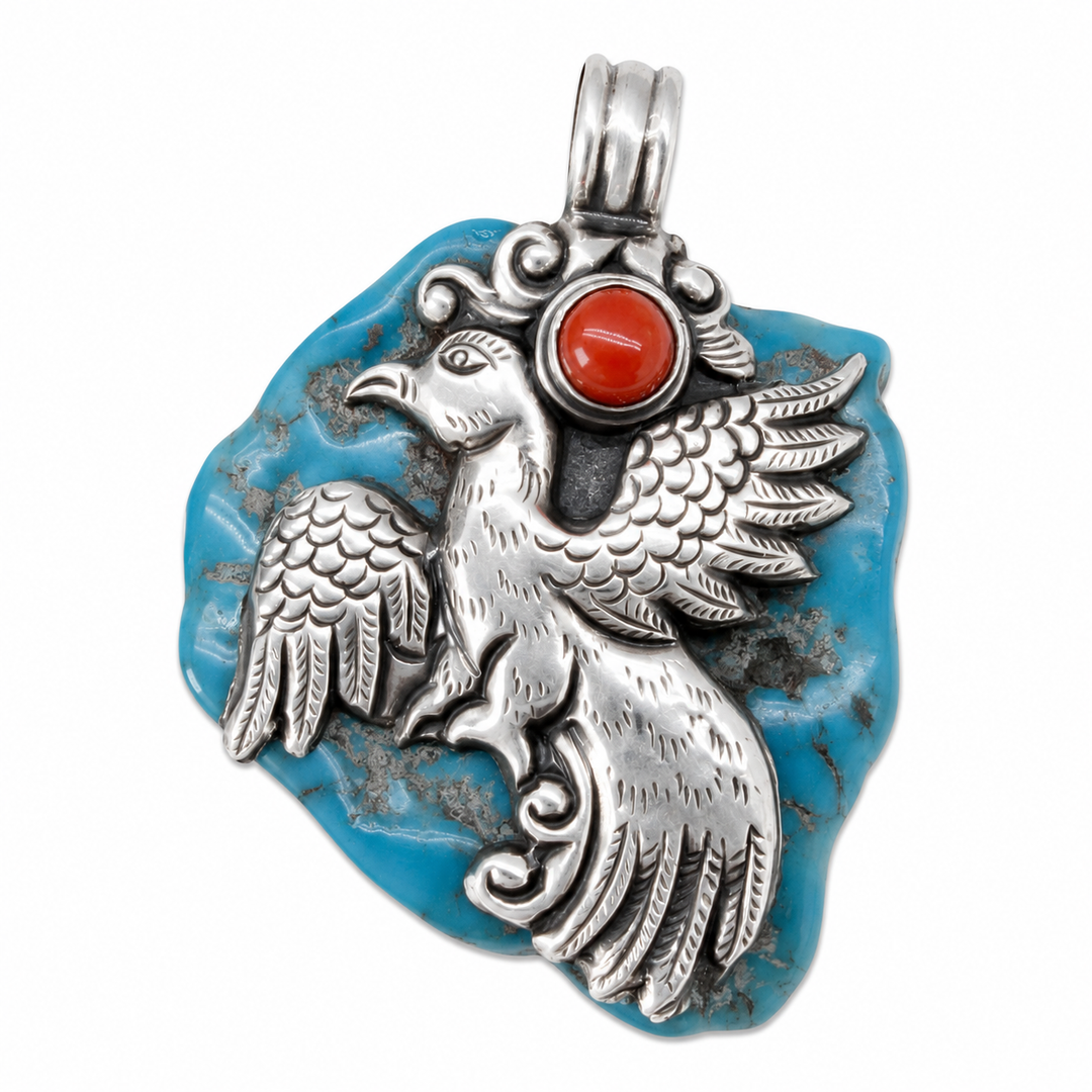 Türkis-Anhänger mit Silber-Garuda und Koralle