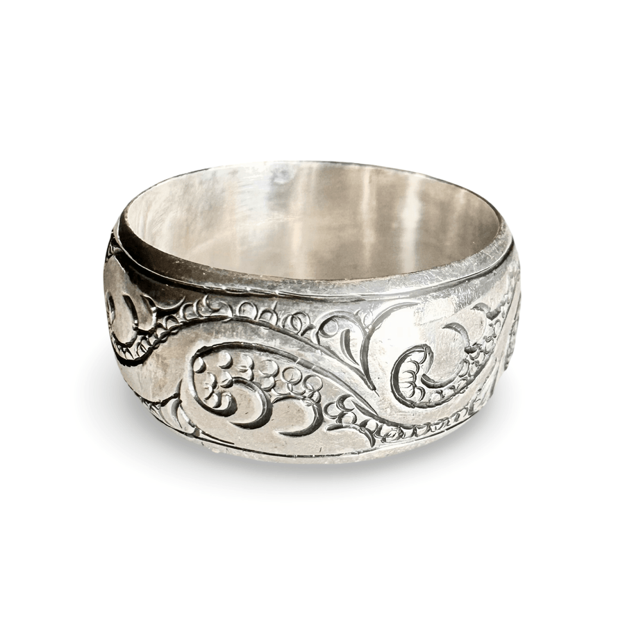 Gewölbter Silberring mit tibetischem Blättermotiv - Atelier Tibet