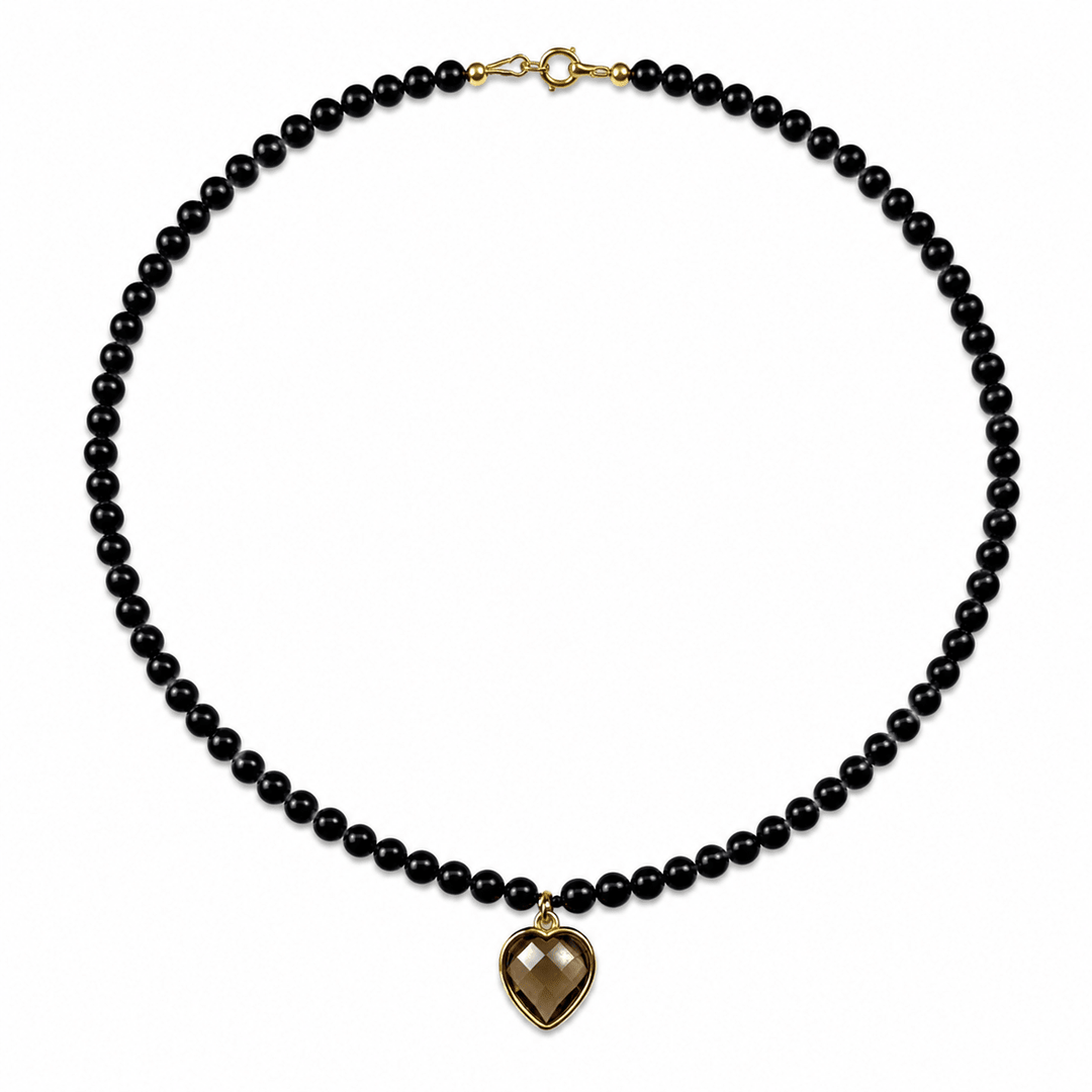 Glänzende Onyx Halskette mit Rauchquarz-Herz - Atelier Tibet