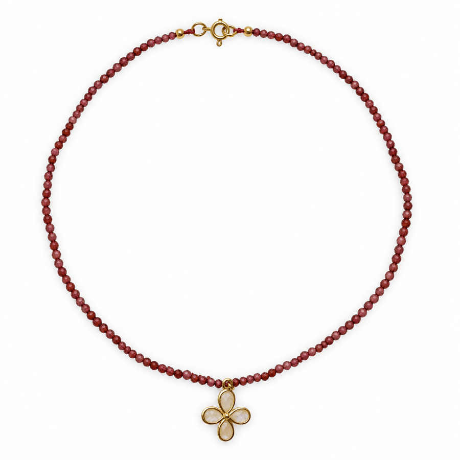 Granat-Halskette mit Mondstein-Blüte - Atelier Tibet