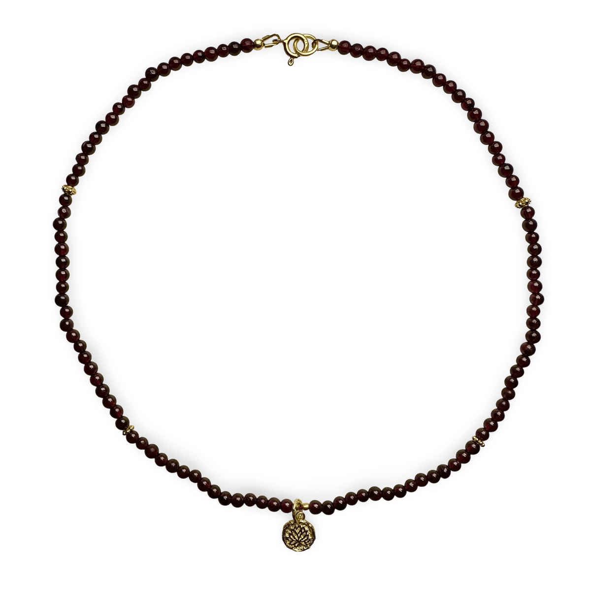 Granat - Kette mit vergoldetem Lotus - Anhänger - Atelier Tibet