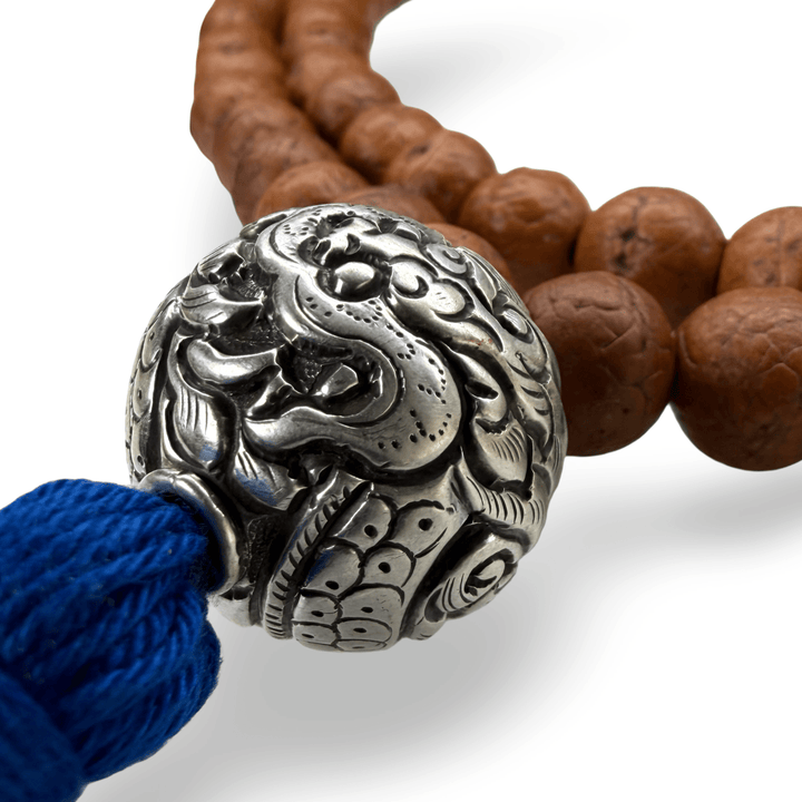 Grosse Bodhi-Mala mit Silberperle, Drachenmotiv - Atelier Tibet