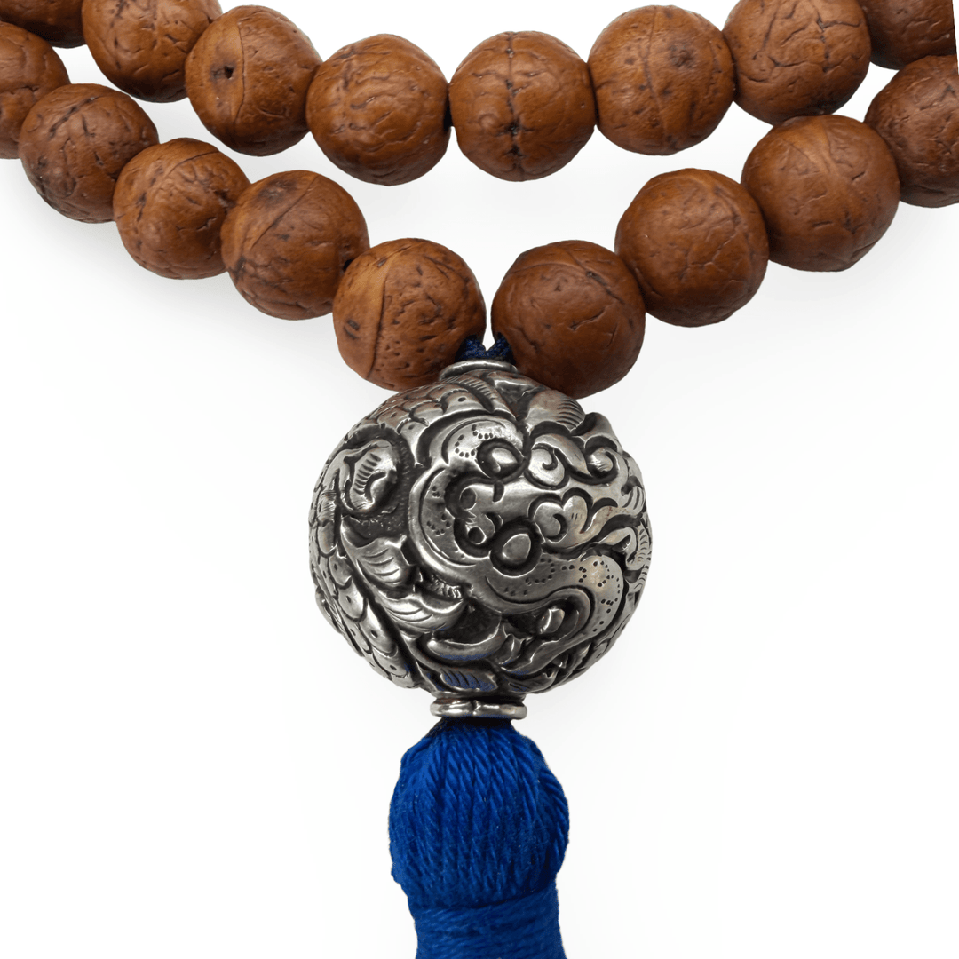 Grosse Bodhi-Mala mit Silberperle, Drachenmotiv - Atelier Tibet