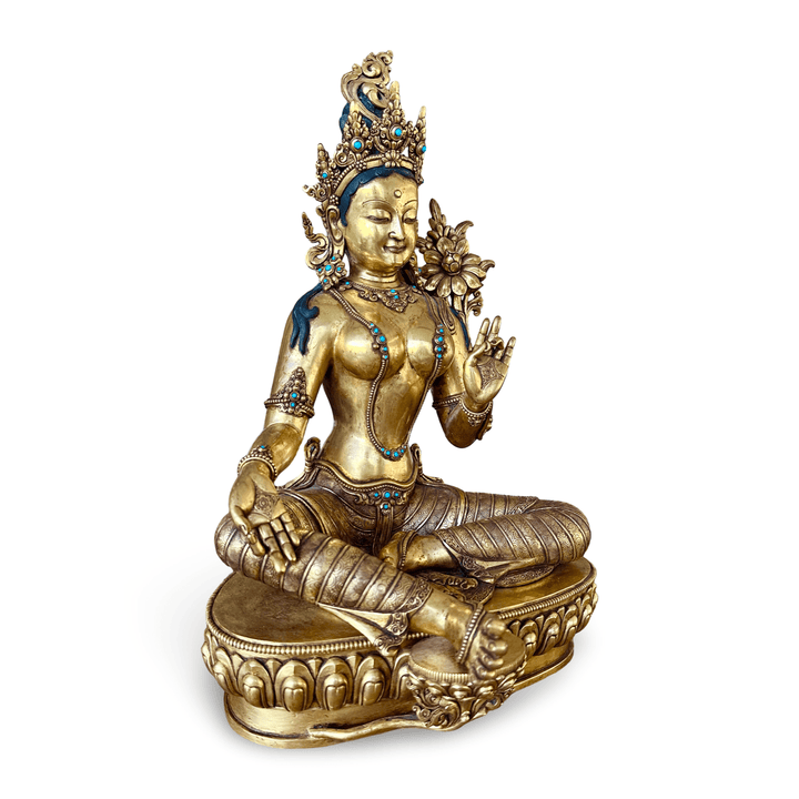 Grosse, prächtige Kupferstatue der Grünen Tara, feuervergoldet, Nepal, 20. Jht. - Atelier Tibet