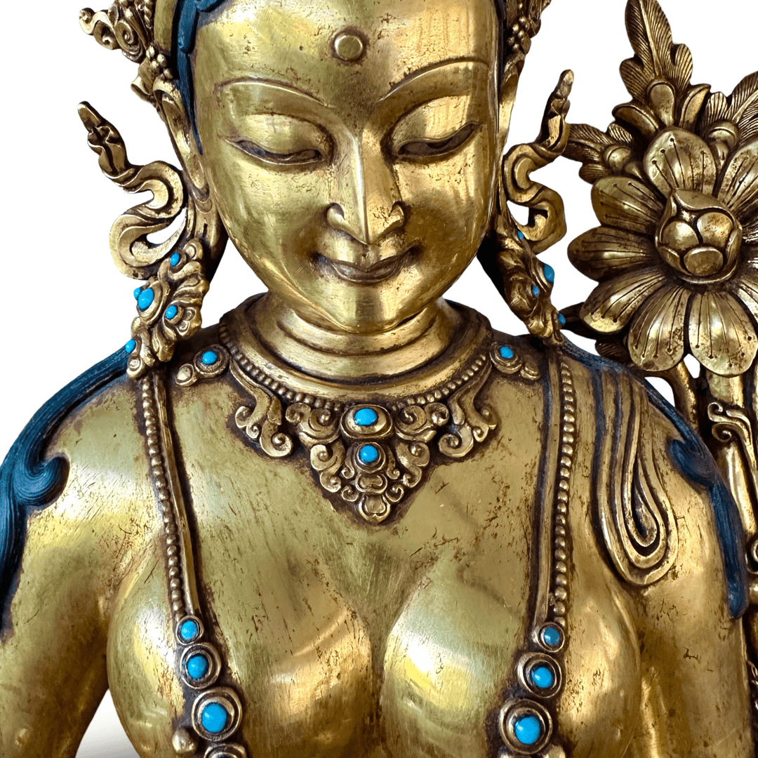 Grosse, prächtige Kupferstatue der Grünen Tara, feuervergoldet, Nepal, 20. Jht. - Atelier Tibet
